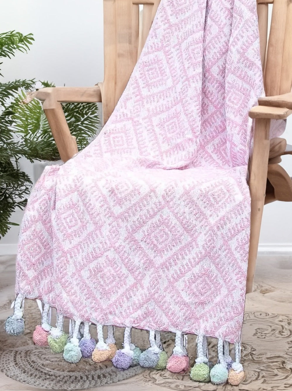 Rose Pink Recycled Cotton Throw with Multi Colour Pom Poms