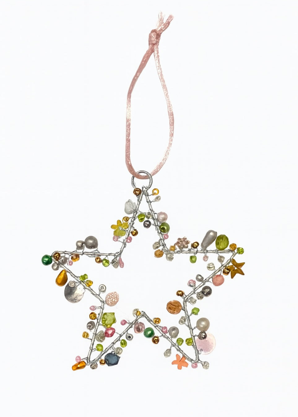 Star-shaped decorative ornament with green and multi coloured beads on a white background