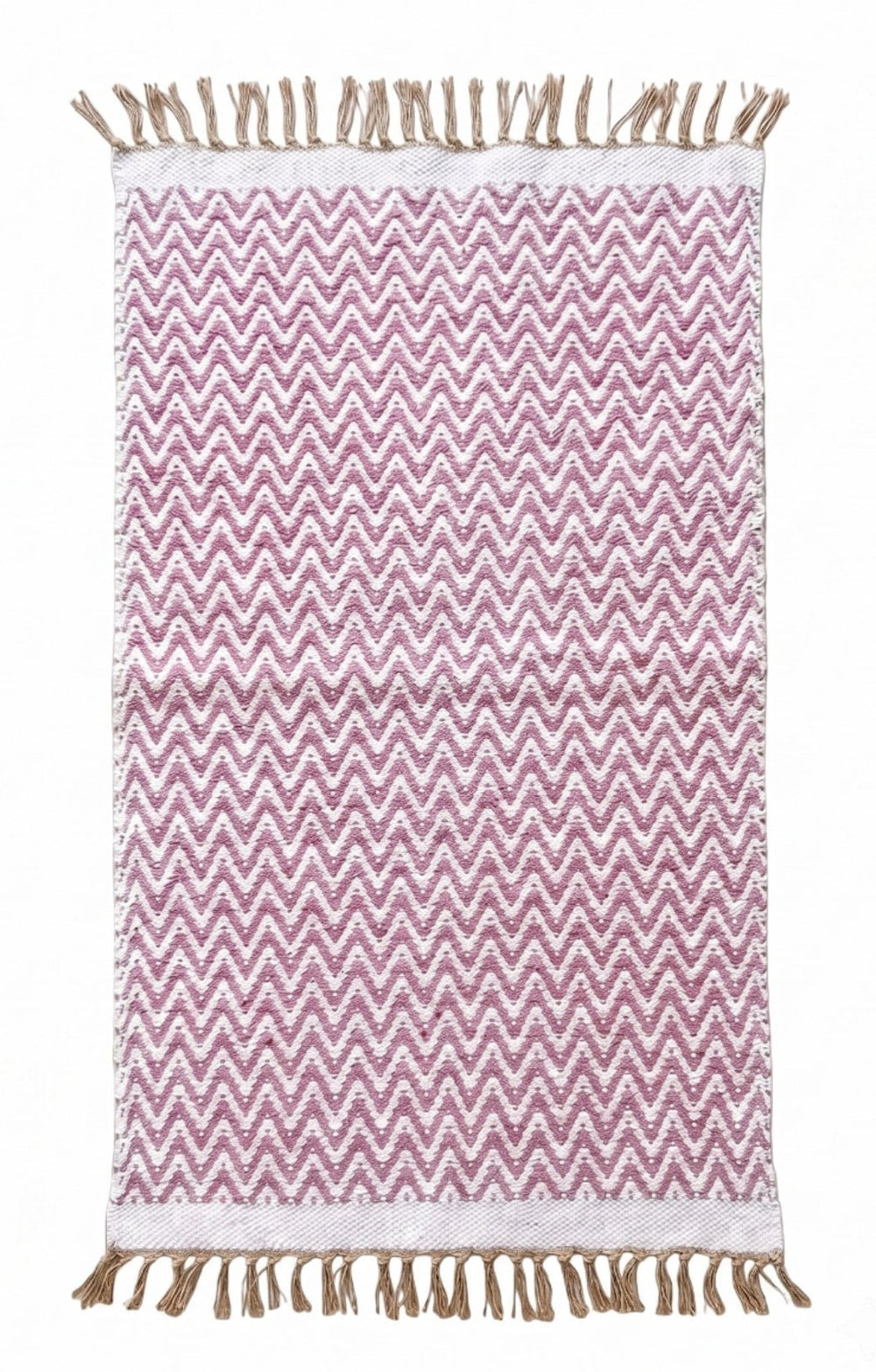 A rectangular woven textile with a pink and white chevron pattern and natural beige fringe on all sides, shown flat against a white background.