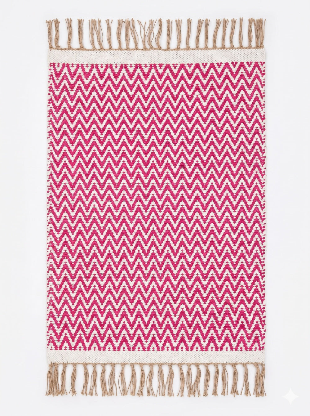 Pink and white chevron patterned rug with brown fringes on a white background