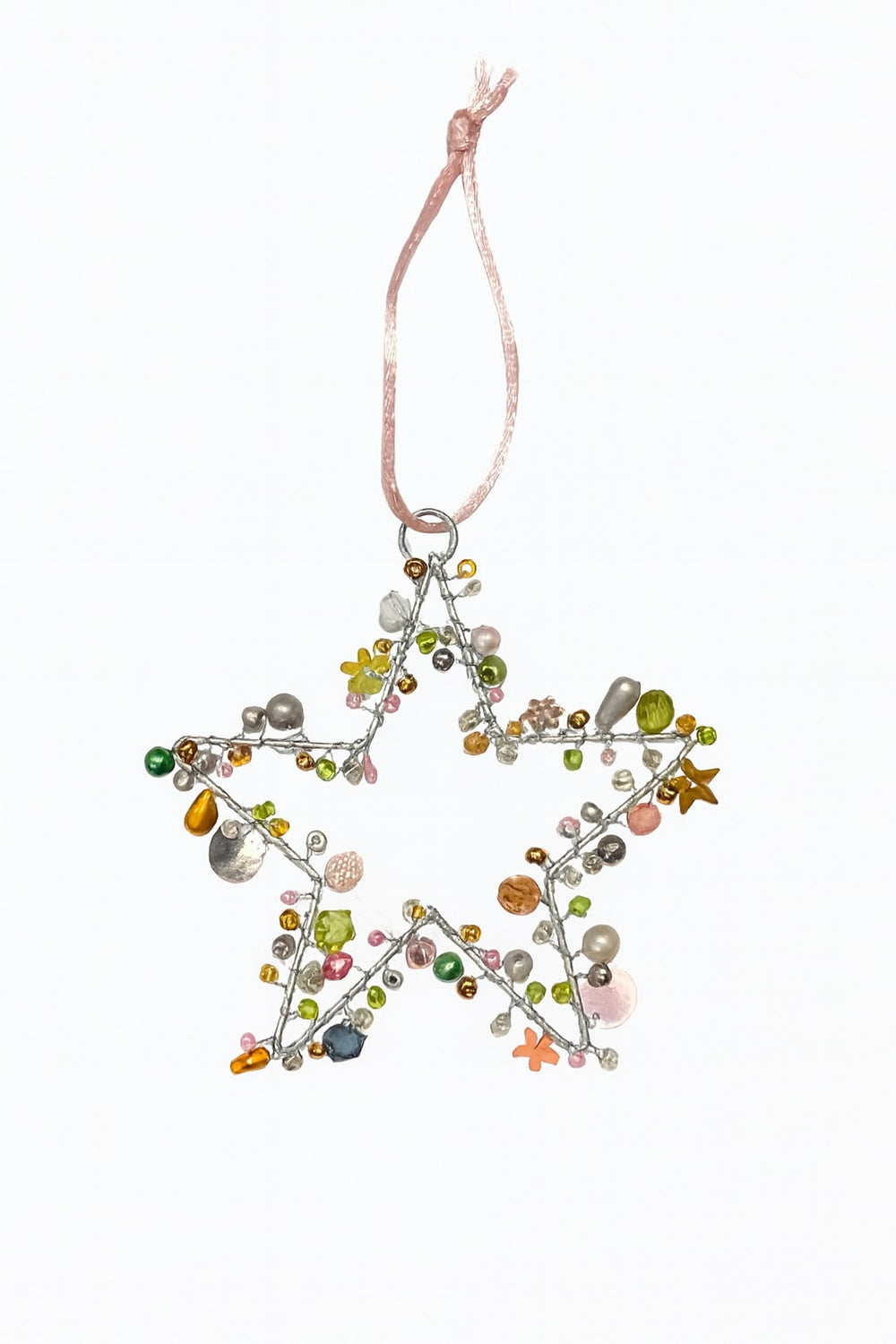 Star-shaped decorative ornament with multicolored beads on a white background
