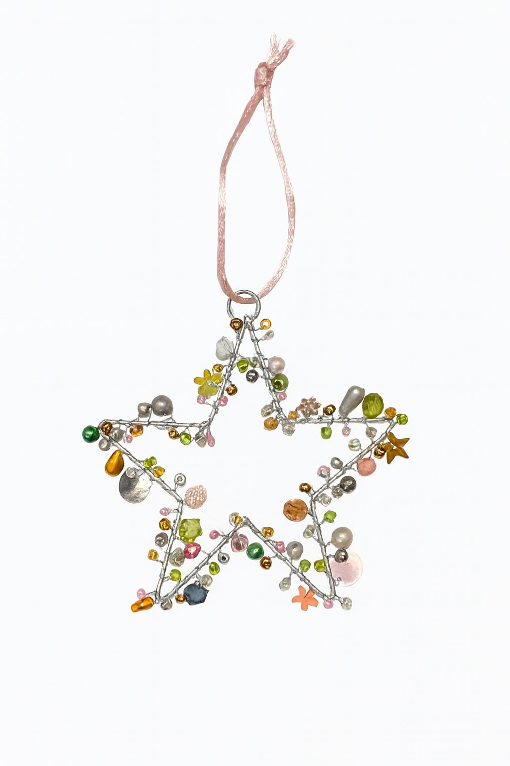 Star-shaped decorative ornament with multicolored beads on a white background