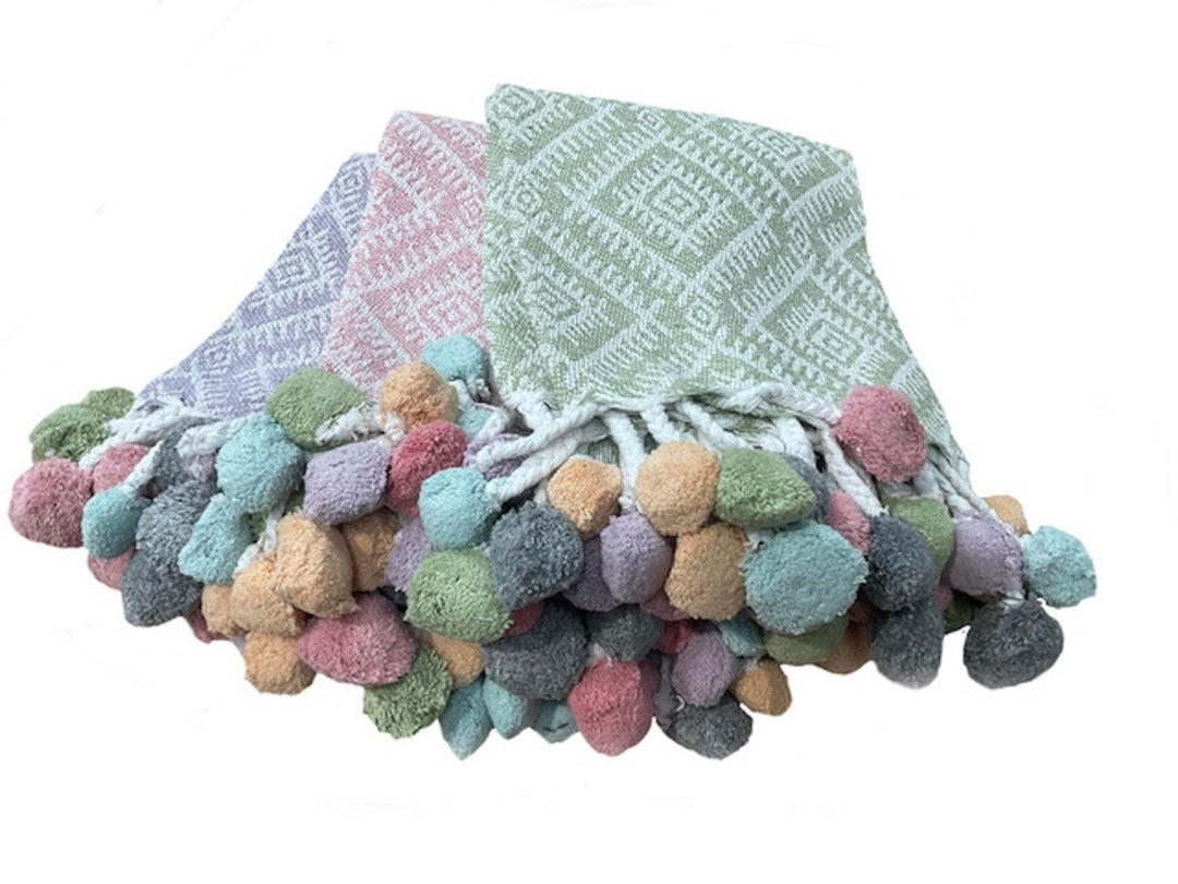 Green Pastel Recycled Cotton Throw With Multi Colour Pom Pom