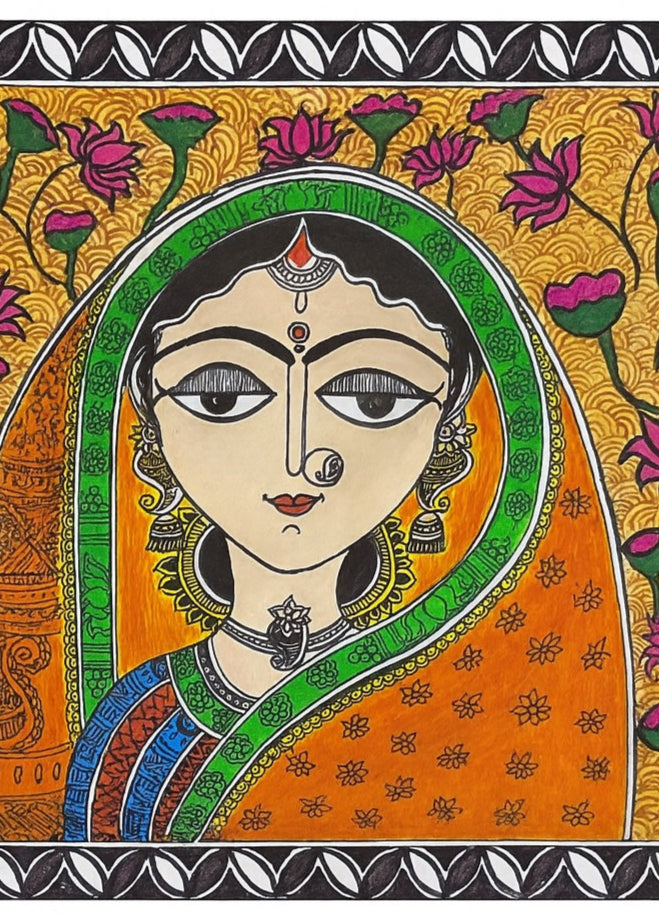 Traditional Authentic Indian Painting Abstract Design Indian Woman Multi Colour Painting Only Madhubani artwork on Paper