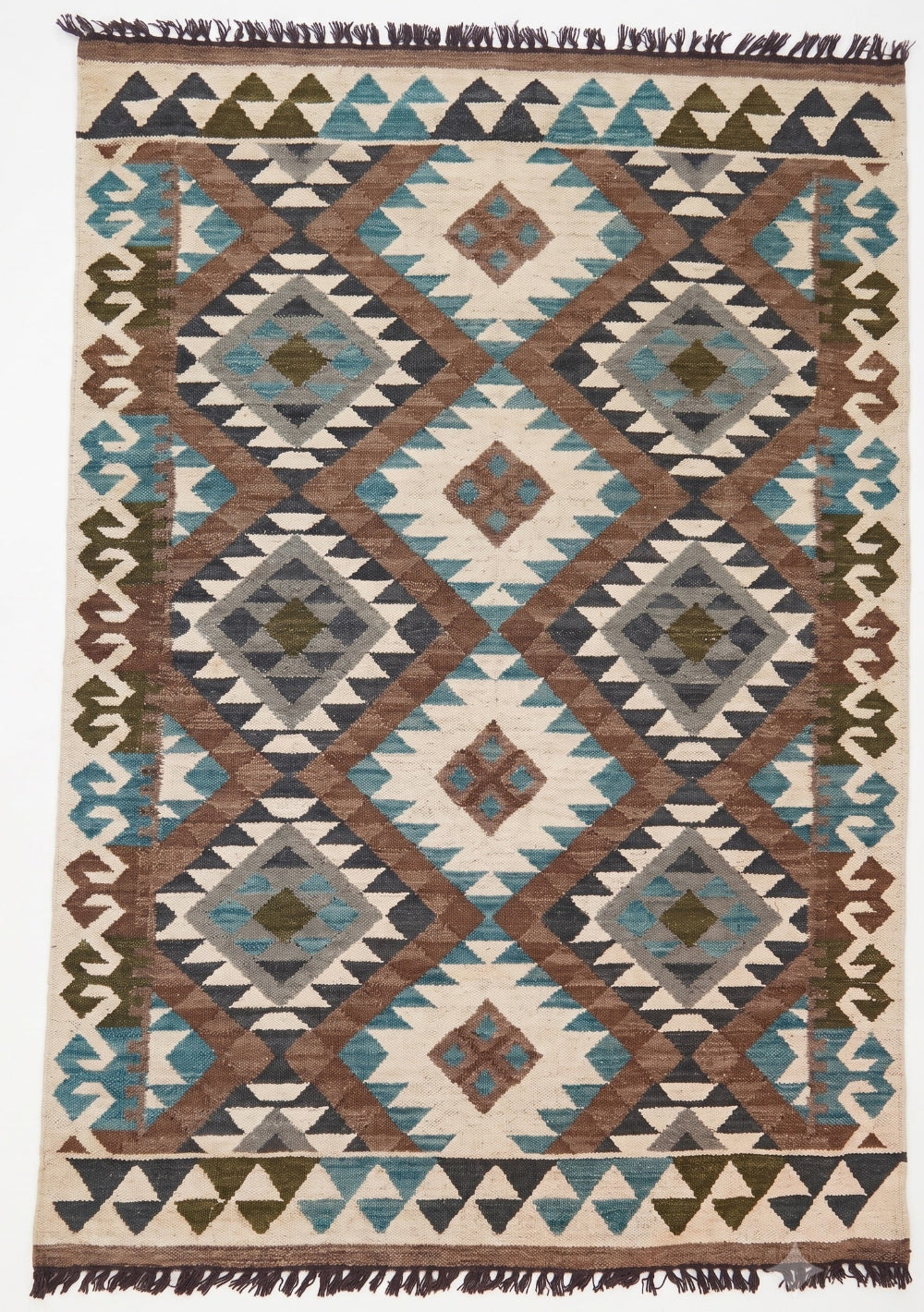 A square woven area rug with a geometric Southwestern-style pattern in brown, beige, teal blue, gray, and olive green, featuring fringed edges.