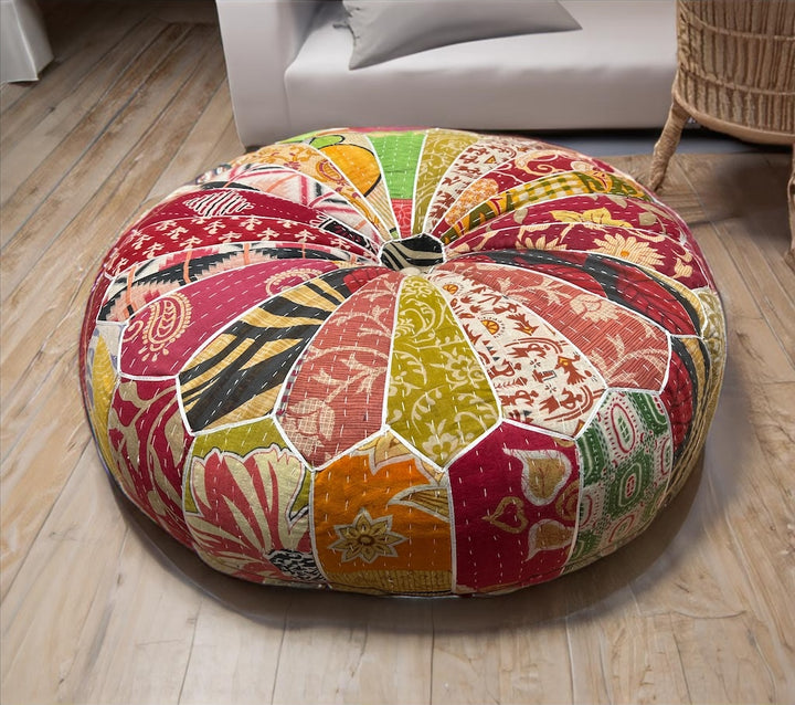 Round Patchwork Pouffe in Vintage Style Multi Colour Kantha