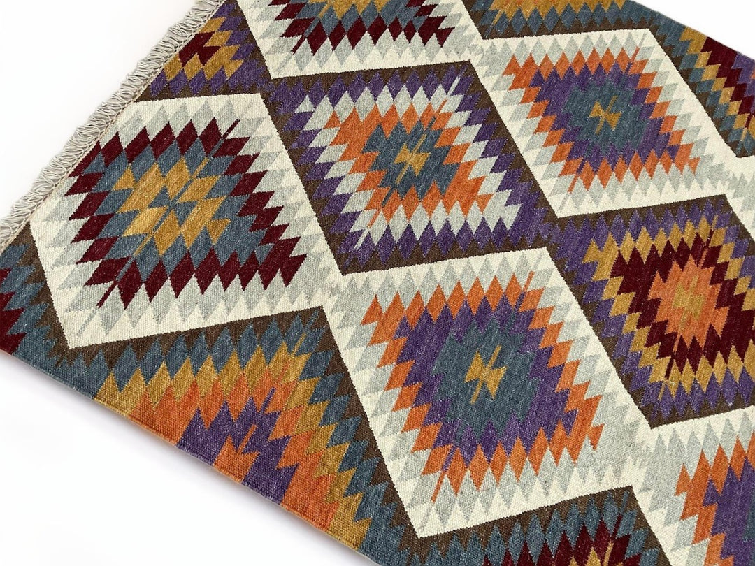 Purple Blue Grey Multi Colour Kilim Rug Handwoven Wool and Cotton with Geometric Design 120 cm x 180 cm