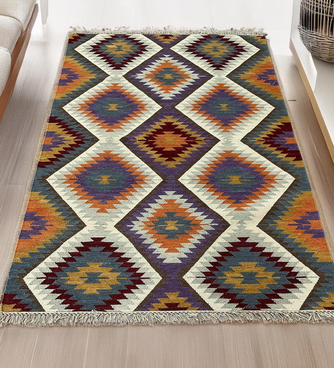 Purple Blue Grey Multi Colour Kilim Rug Handwoven Wool and Cotton with Geometric Design 120 cm x 180 cm