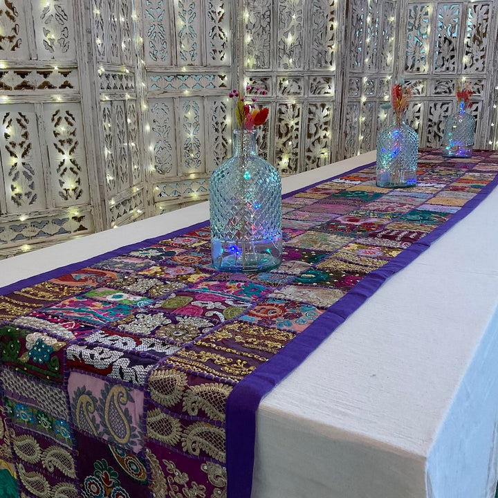Long Table Runner Indian Purple Multi Colour Cotton Recycled Patchwork Embroidered Wall Hanging 50 cm x 300 cm