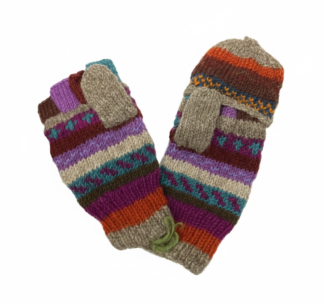 New Zealand Wool Hunter Gloves Mulberry Multi Colours Striped Pattern