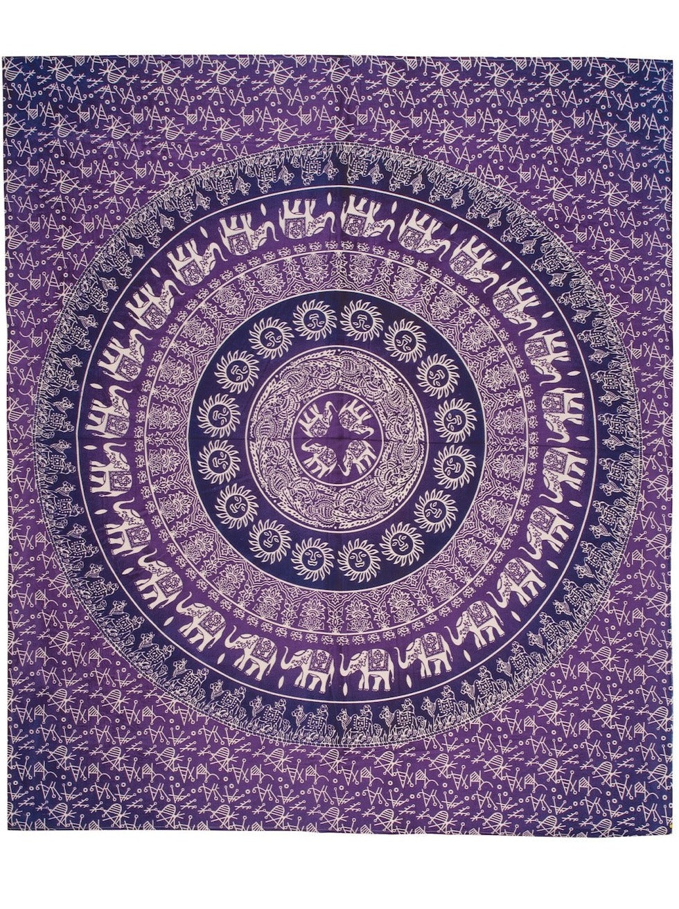 A purple cotton throw featuring a silk-screen printed elephant design in various shades, creating a graduated color ombre effect.