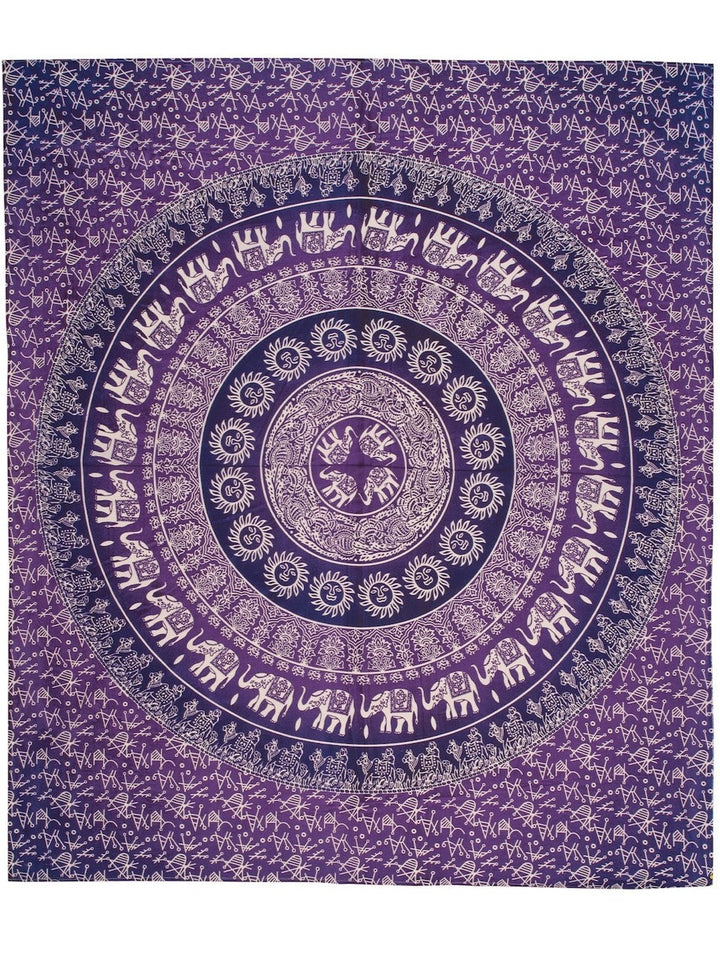 A purple cotton throw featuring a silk-screen printed elephant design in various shades, creating a graduated color ombre effect.