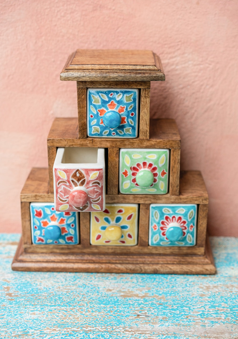 thumbnail image 2 of Handmade Indian Wooden Jewelry Box – 3 Drawer Tower, Antique Style, Rotating & Stackable, Multicolored 2 of 4