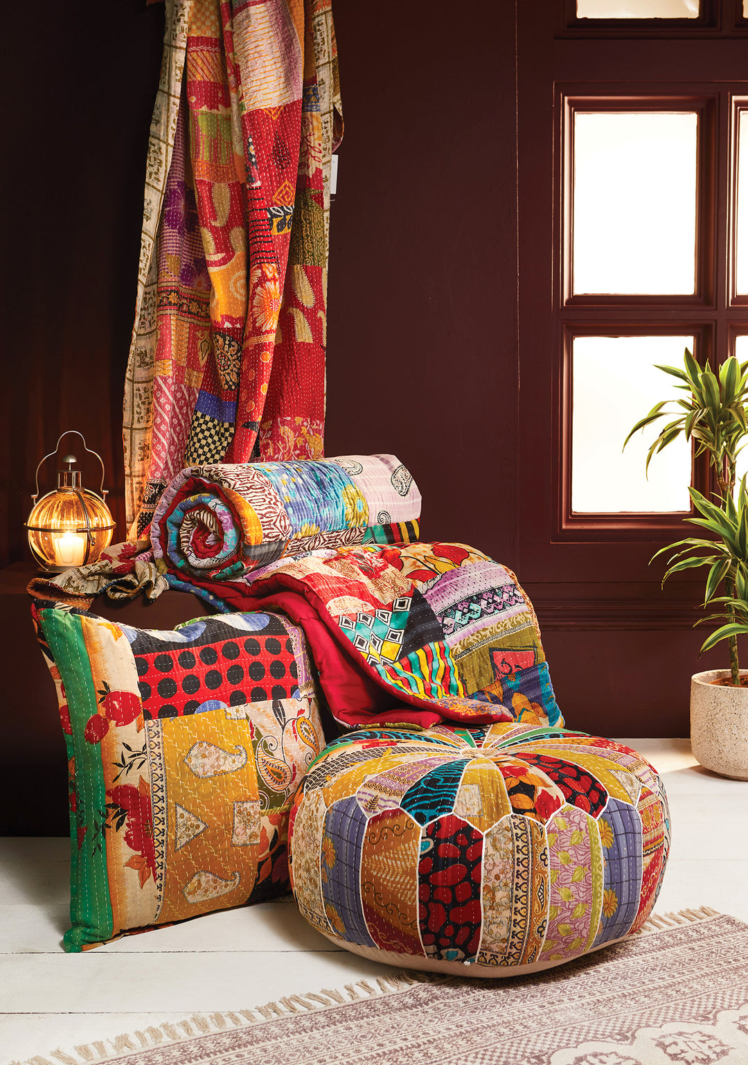 Multi Colour Patchwork Vintage Kantha Quilted Throw Bedcover