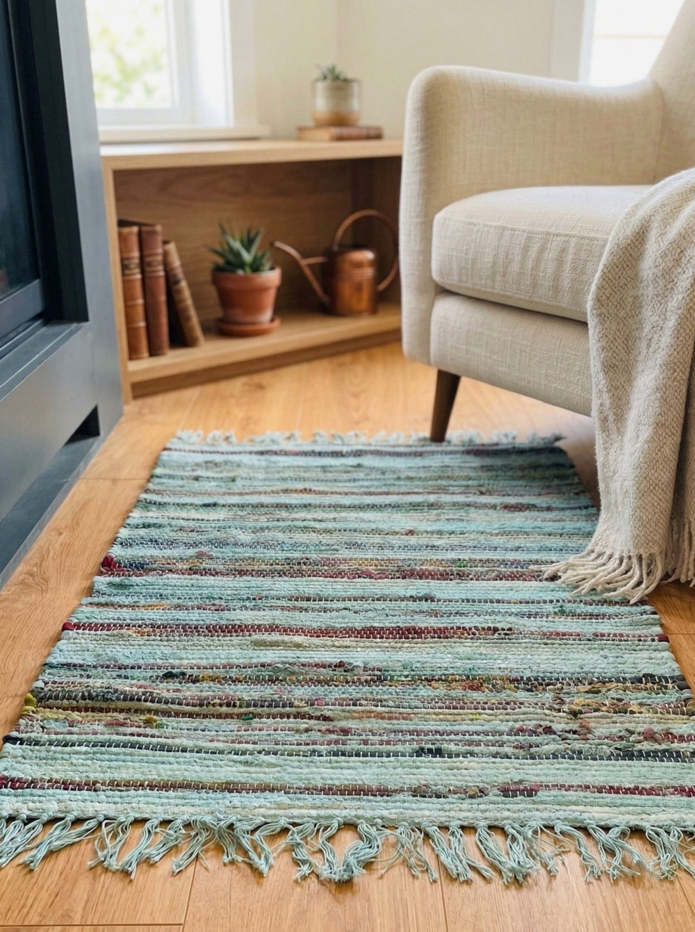 Turquoise Rag Rug 75 cm x 120 cm in a living room.