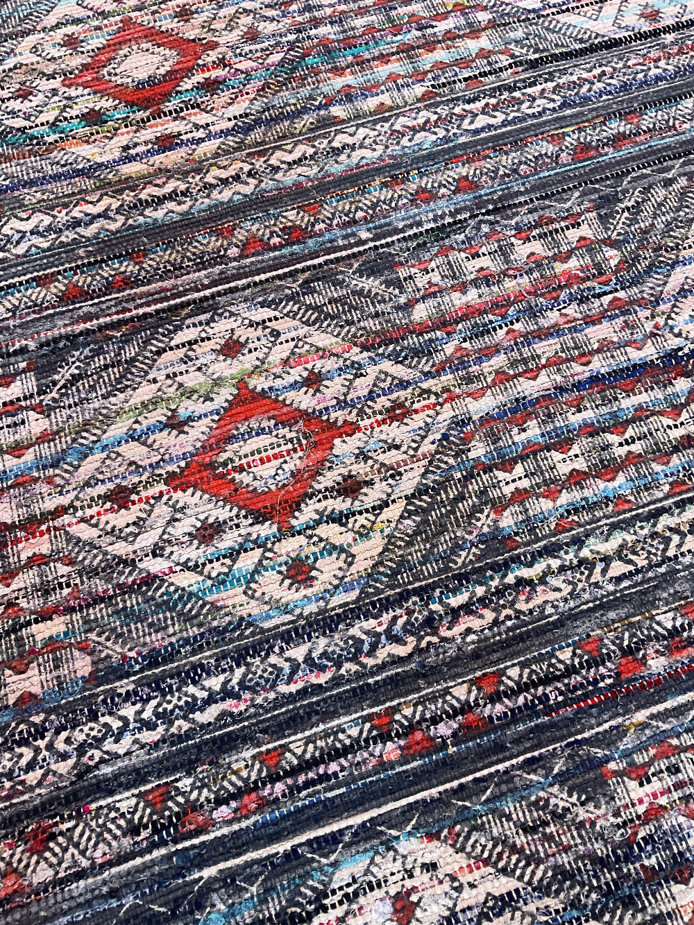 Close-up of a patterned fabric with red, blue, and white colours.