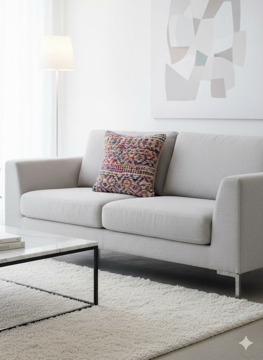 Gray sofa with a colorful pillow in a modern living room setting.
