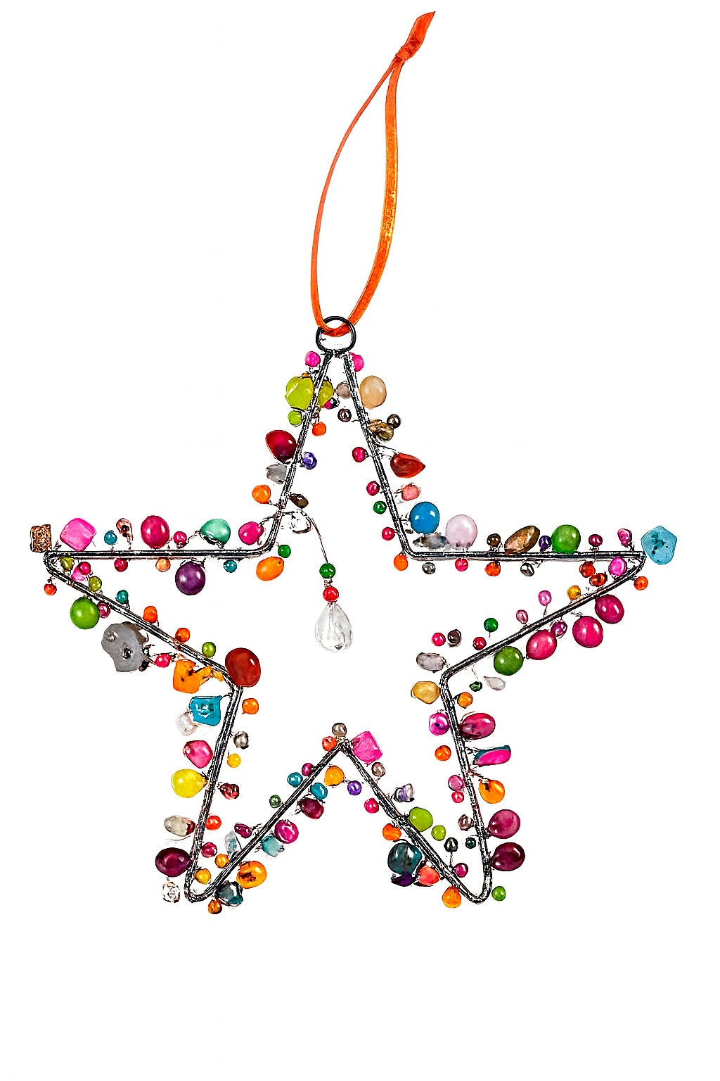 Decorative star ornament with colourful beads on an orange string against a white background