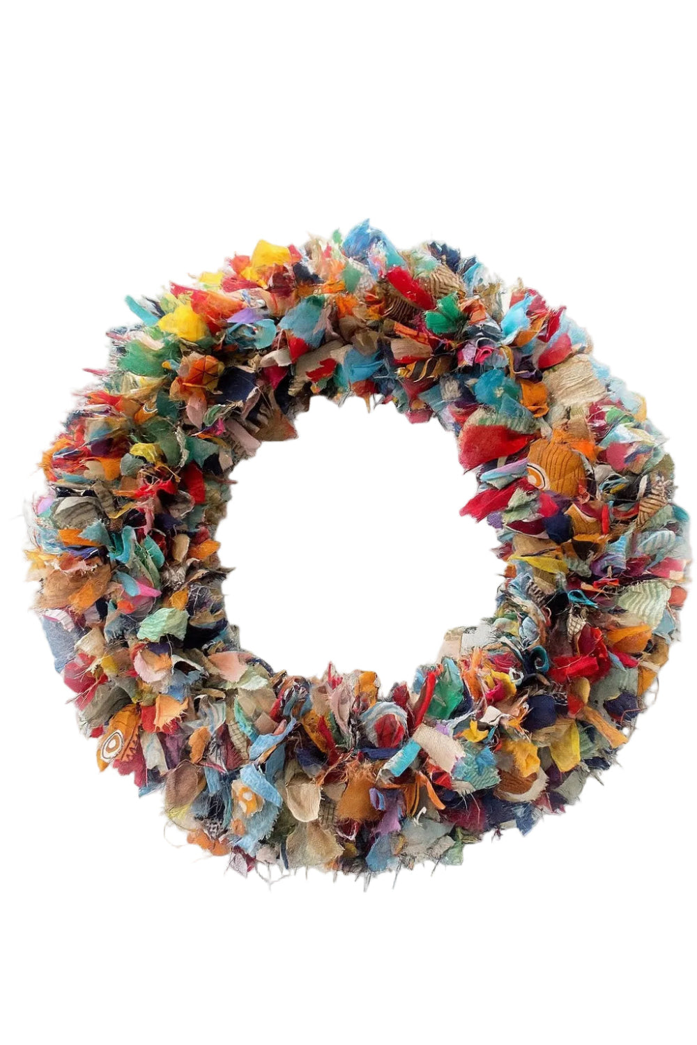 Colourful fabric wreath on a white background