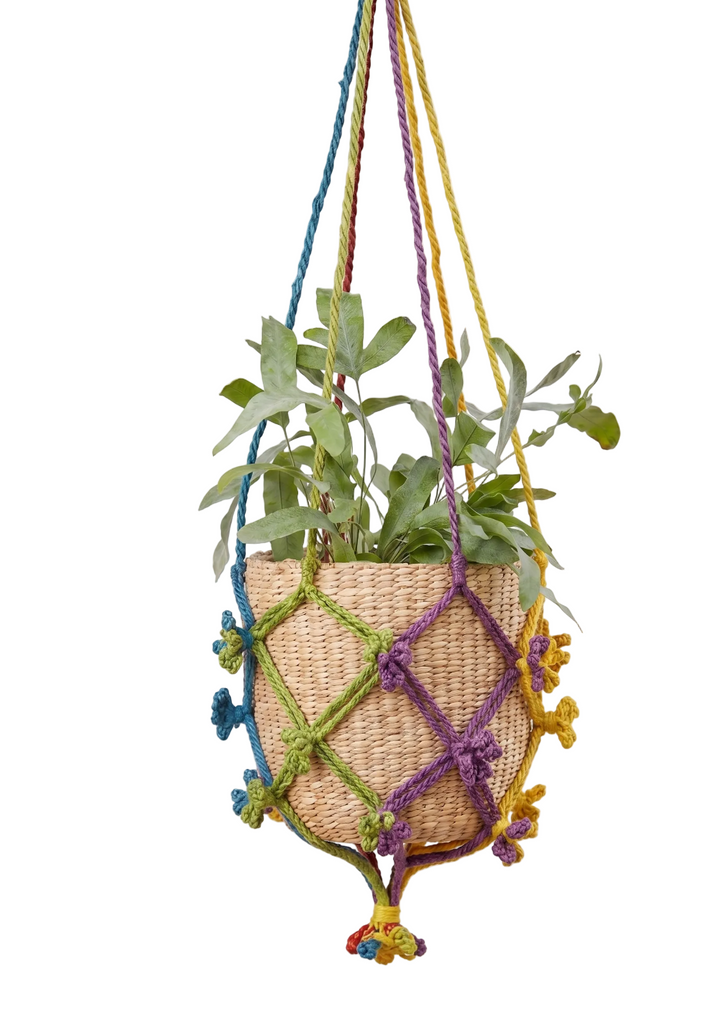 Rainbow Macrame plant holder net in a white background