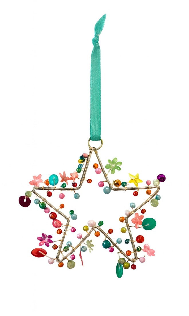 Decorative star ornament with colourful beads and flowers sequins on a white background