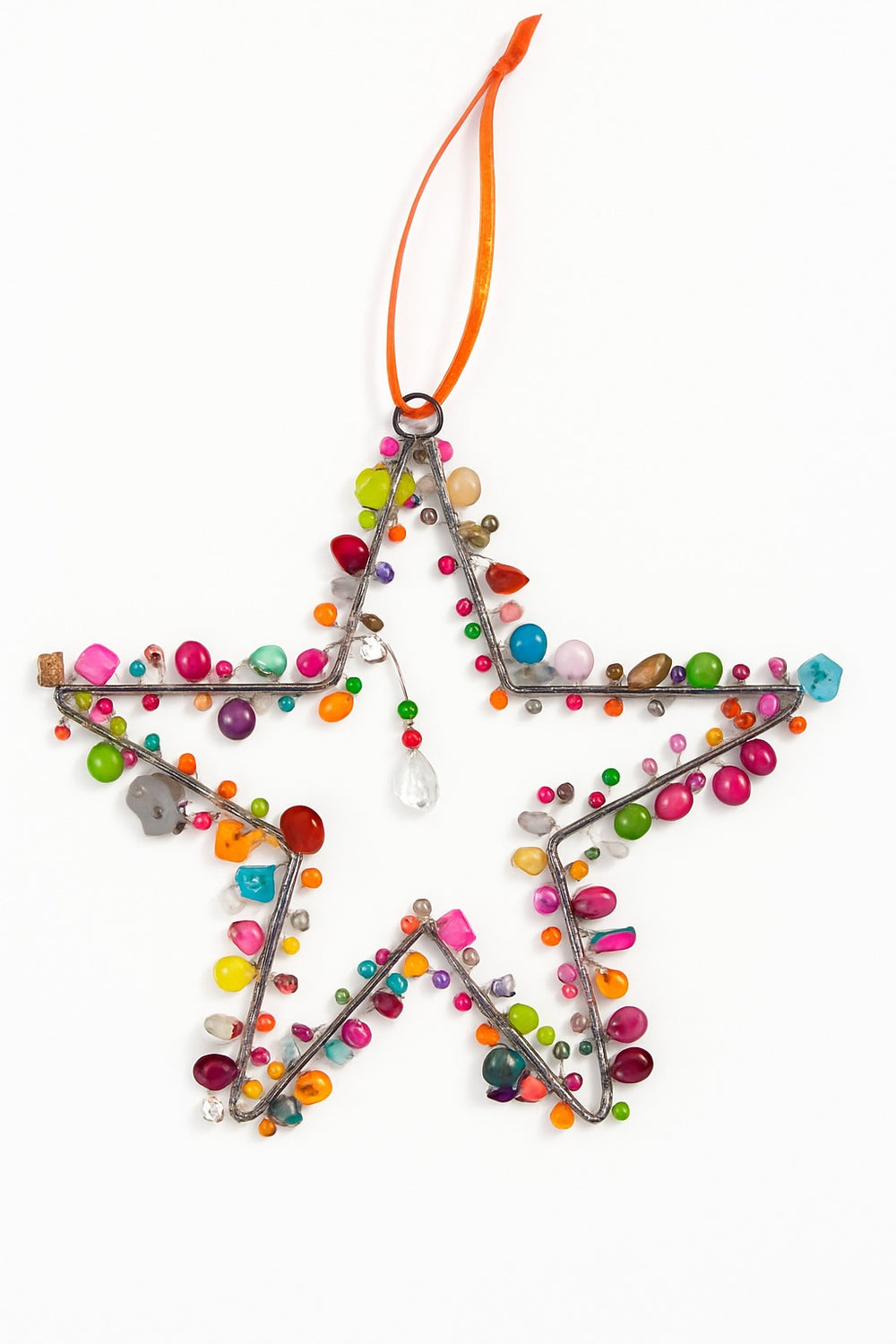 Star-shaped ornament with colourful beads on a white background