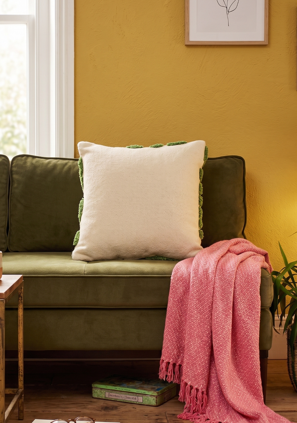 A styled living room scene featuring an olive green velvet sofa with a cream throw pillow and a pink fringed throw blanket, set against a mustard yellow wall with framed botanical prints.