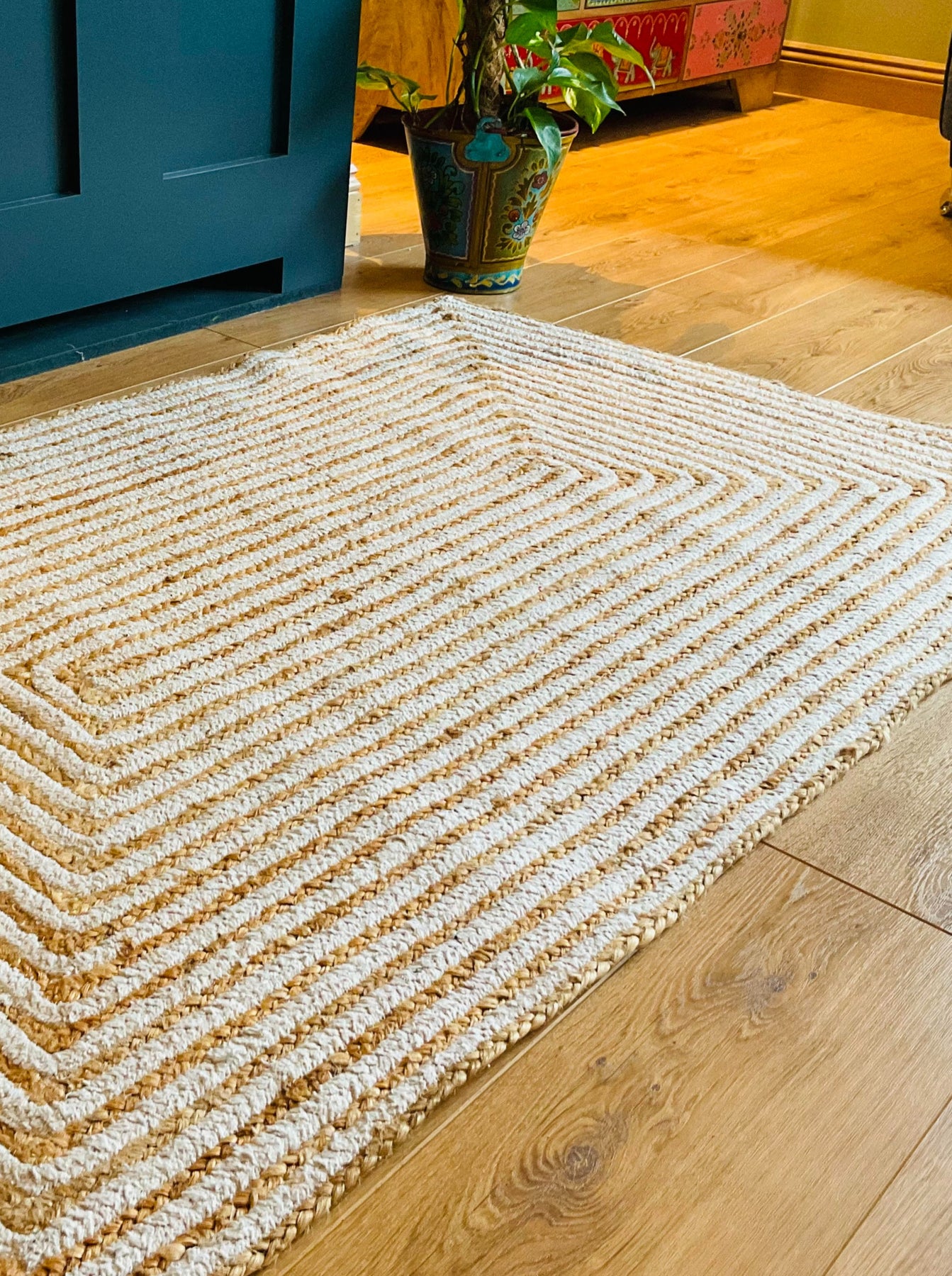 Rectangular Cotton Rug Jute and Cotton Striped Rectangle Natural Rug 90 cm x 150 cm – Second ...
