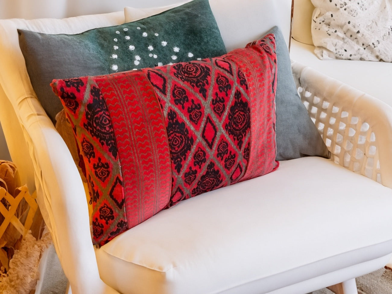 Red Orange Hand Printed Velvet Cushion Cover Second Nature Online