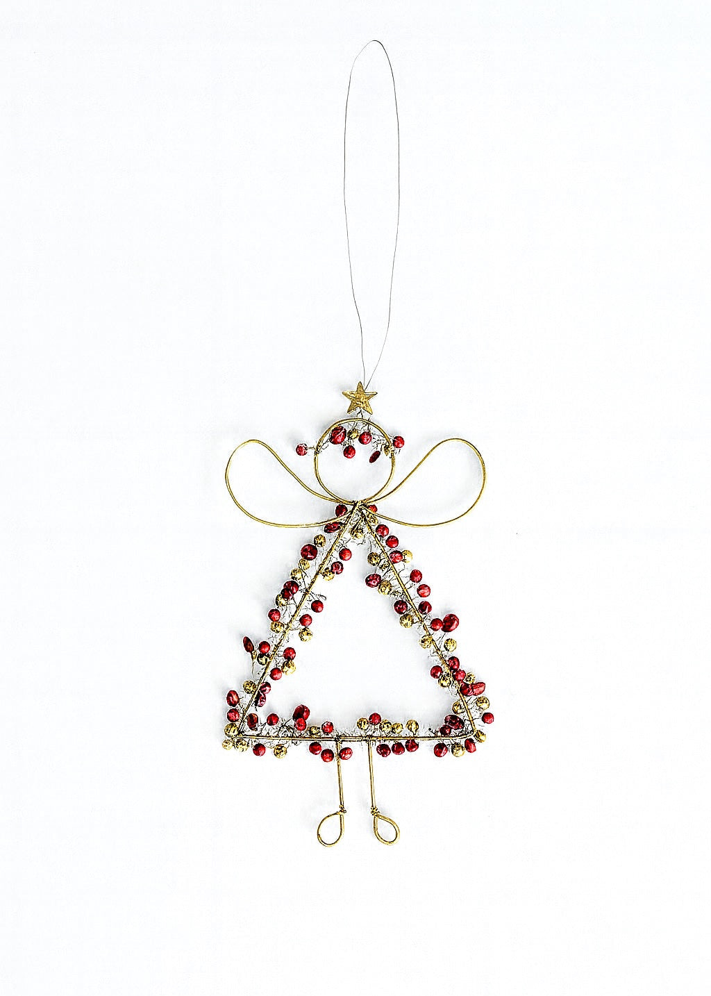 Decorative Christmas ornament shaped like a angel with red beads and gold accents on a white background.