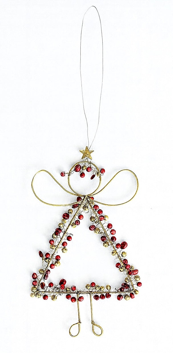 Handmade Wire Angel Decoration – 14cm Gold Wire with Red Beads & Sequins