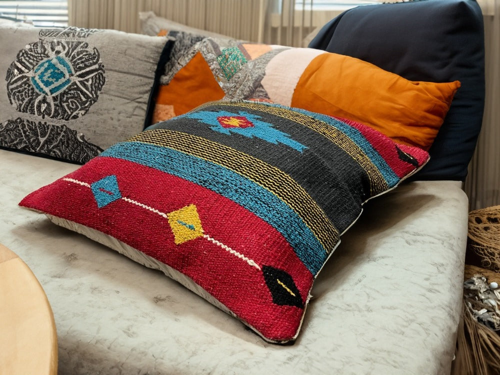 Hand Crafted Red Blue Multi Colour Cotton Kilim Cushion Cover 50 cm x 50 cm
