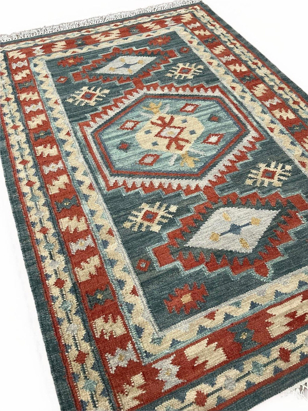 Geometric Kilim Blue Red Multi Colour Rug Handwoven Wool and Cotton 120 cm x 180 cm