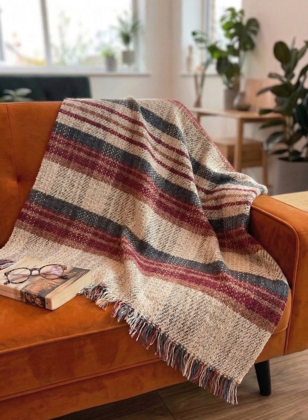 Red Blue Natural Striped Wool Throw on a Orange Sofa