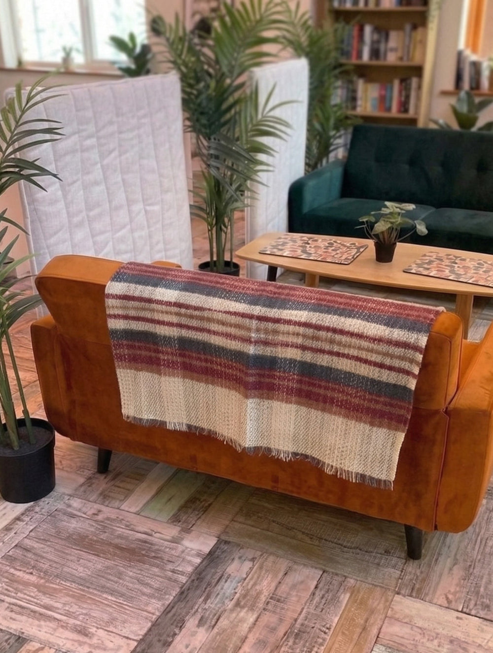 Red Blue Wool Throw draped over a sofa