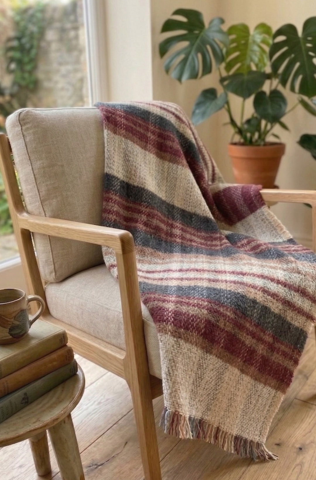 Red Blue and Natural Highland Throw Luxury Recycled Wool Small Blanket