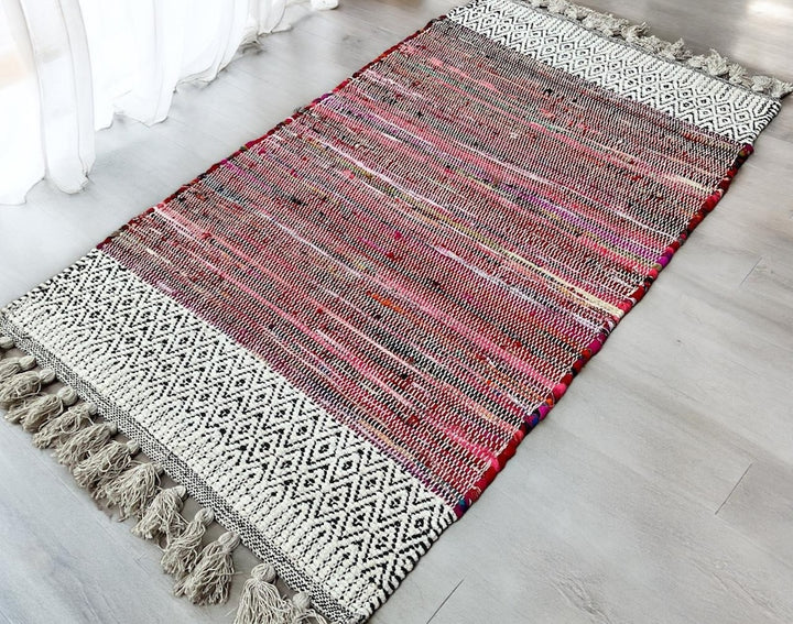 Chenille Rug Geometric Red Multi Colour Stripes 75 cm x 135 cm