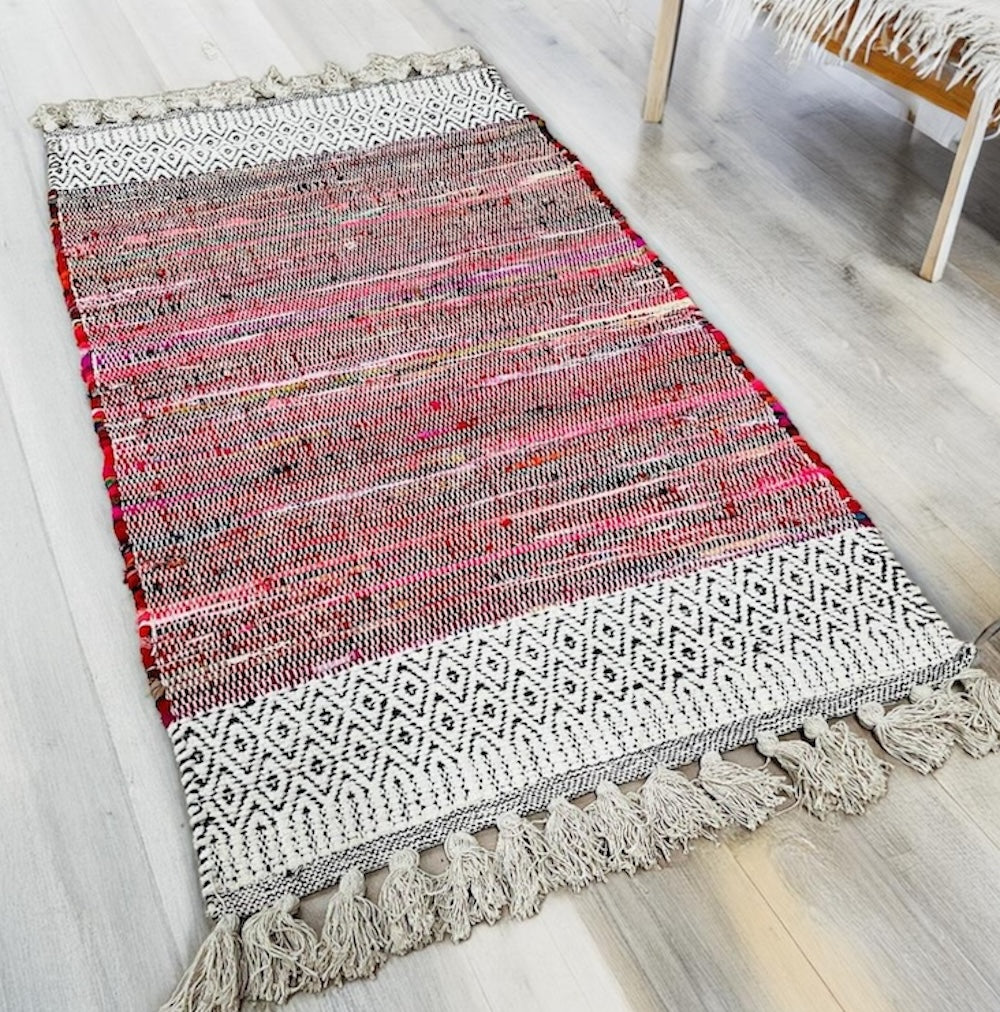 Chenille Rug Geometric Red Multi Colour Stripes 75 cm x 135 cm