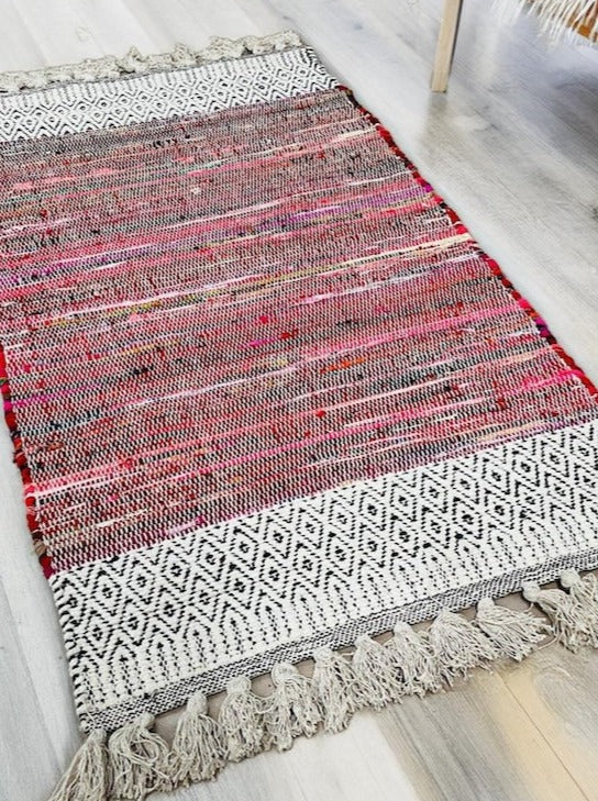 Chenille Rug Geometric Red Multi Colour Stripes 75 cm x 135 cm