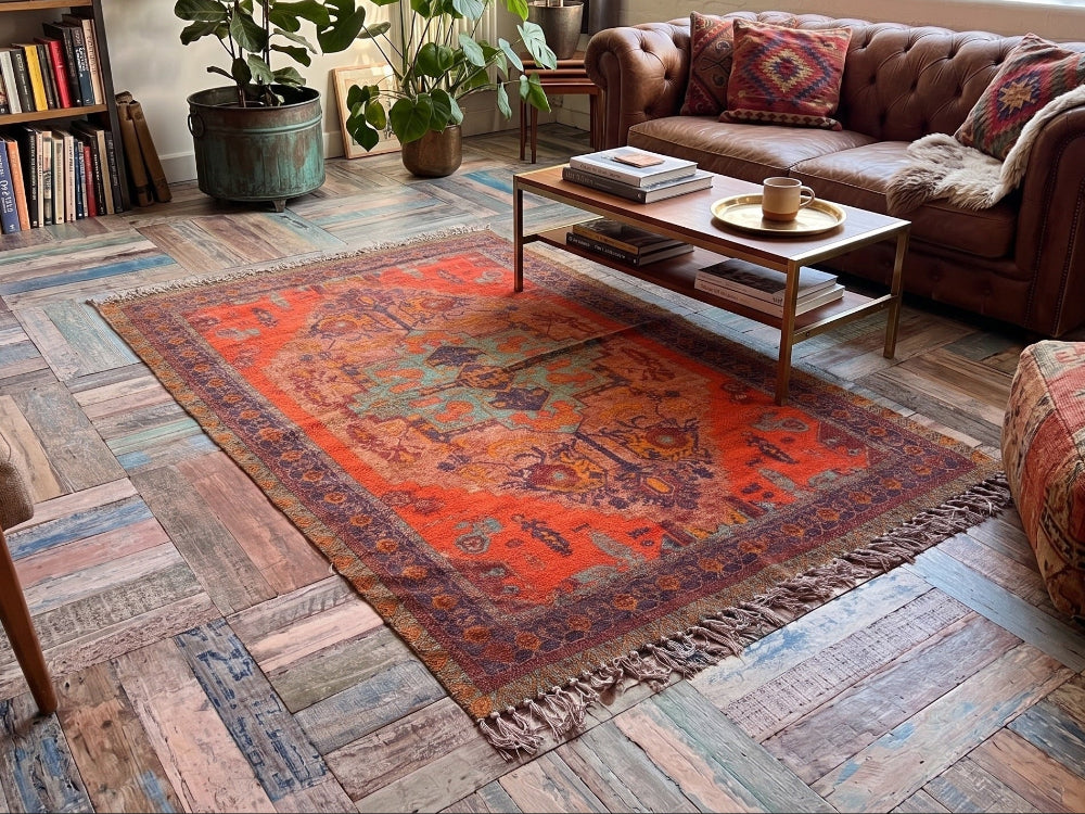 Living room with a vintage rug, brown sofa, and wooden floor.