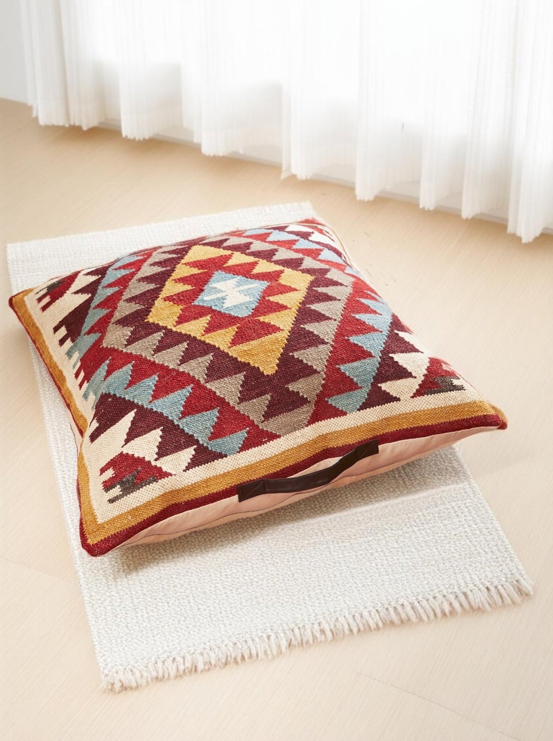 Red Multi Colour Floor Cushion Handloomed Kilim Extra Large Cushion 70x70cm