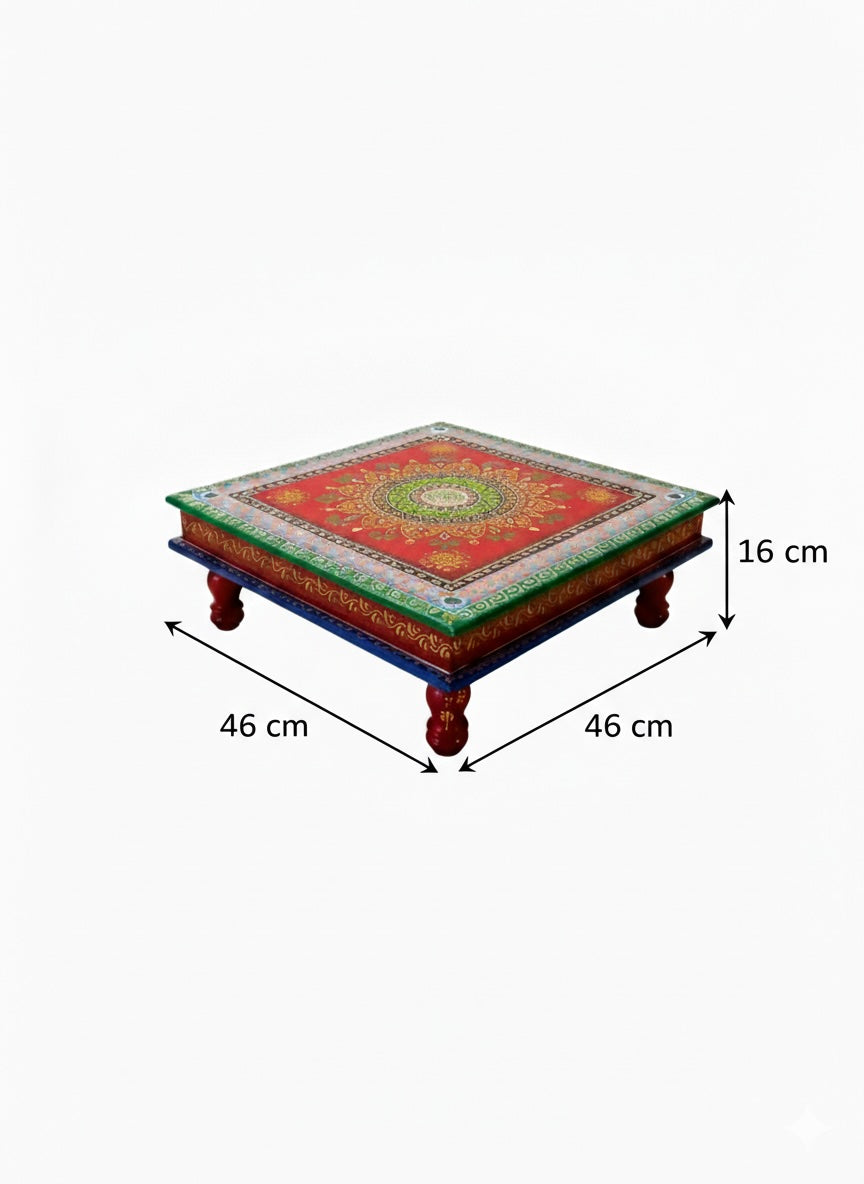 Hand-Painted Indian Bajot Table – 46cm Red & Green Mandala Pooja Chowki