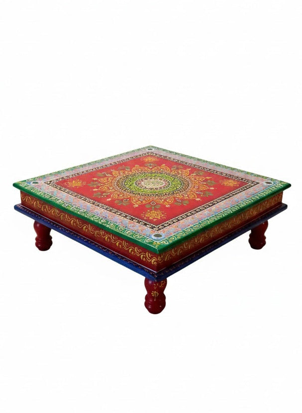 Hand-Painted Indian Bajot Table – 46cm Red & Green Mandala Pooja Chowki