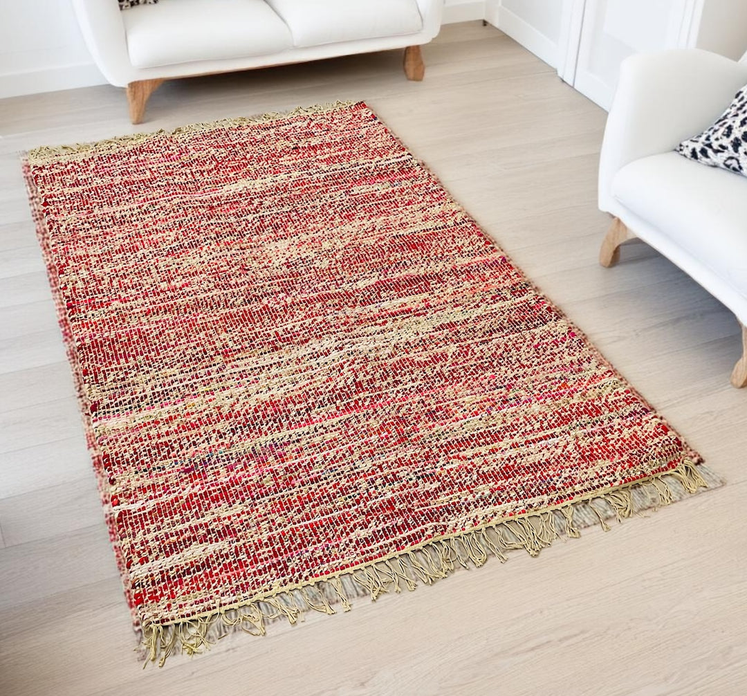 Red Cotton Jute Rug Striped Design 120 cm x 190 cm