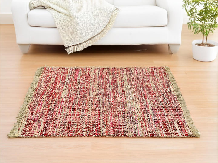 Red Cotton Jute Rug Striped Design 120 cm x 190 cm