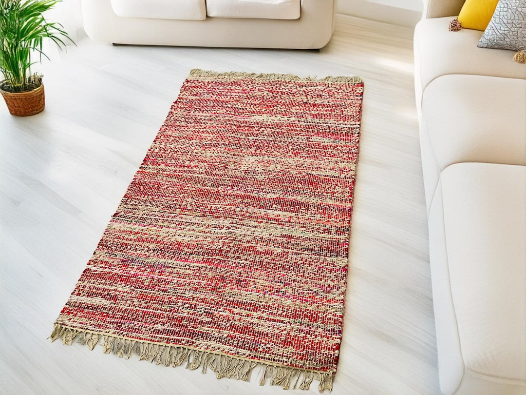 Red Cotton Jute Rug Striped Design 120 cm x 190 cm