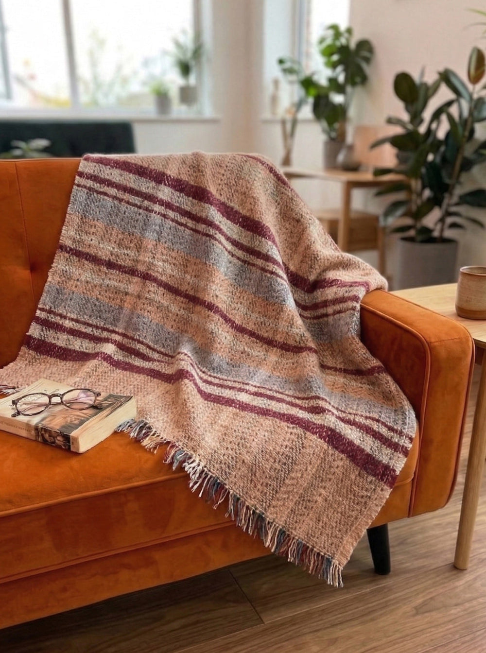 Red Natural Wool Throw on a Orange Sofa