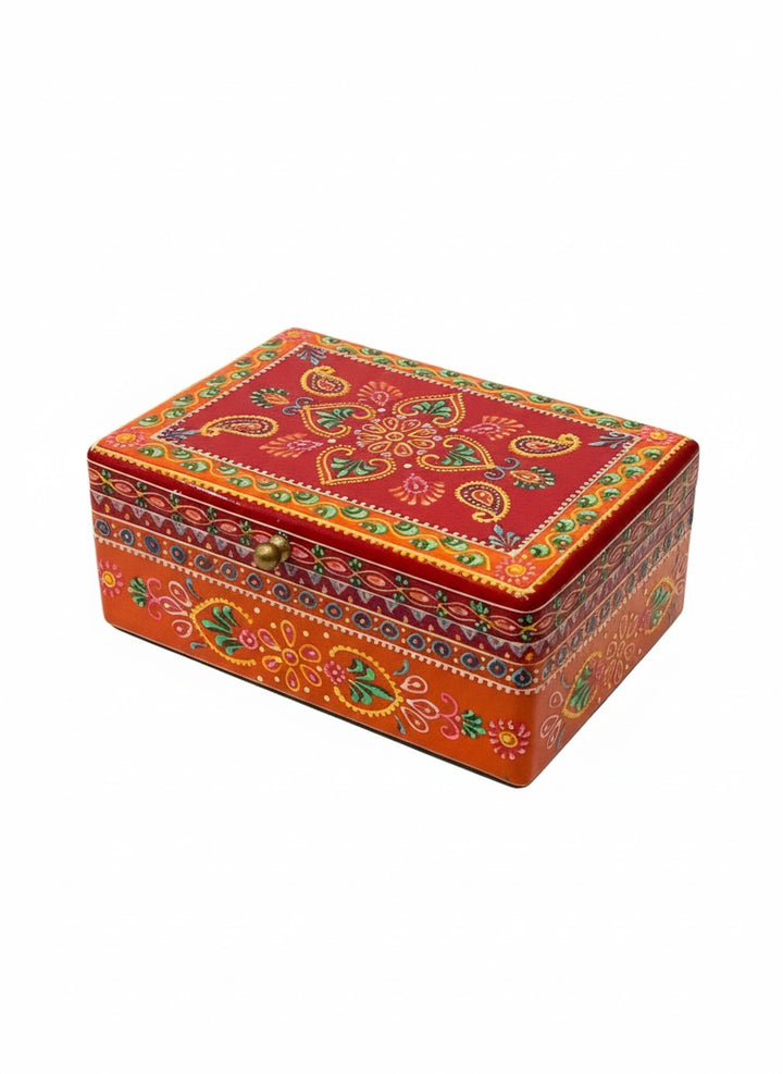 Decorative rectangular box with colourful patterns on a white background