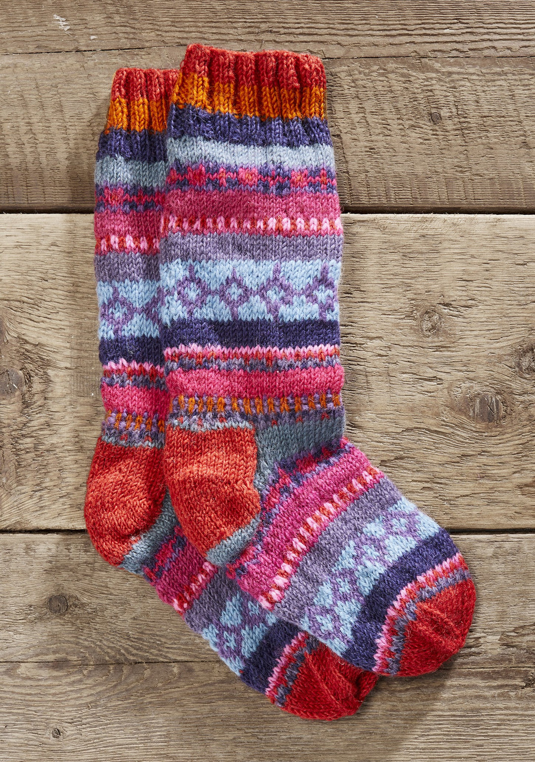 New Zealand Wool Large Socks Red Pink Blue Multi Colours Striped Pattern