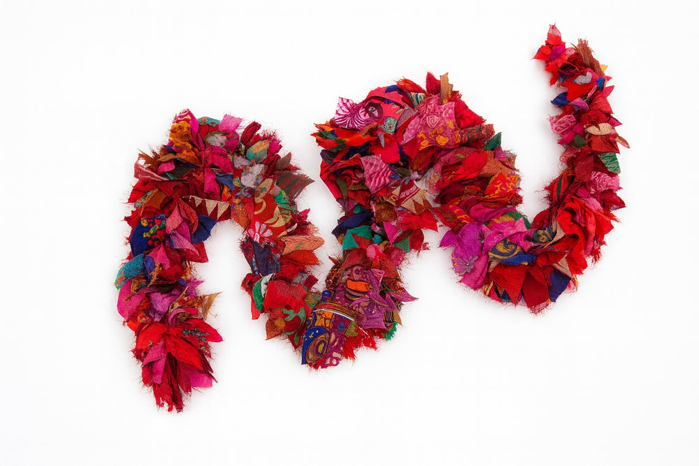 Colorful fabric red tinsel in a white background